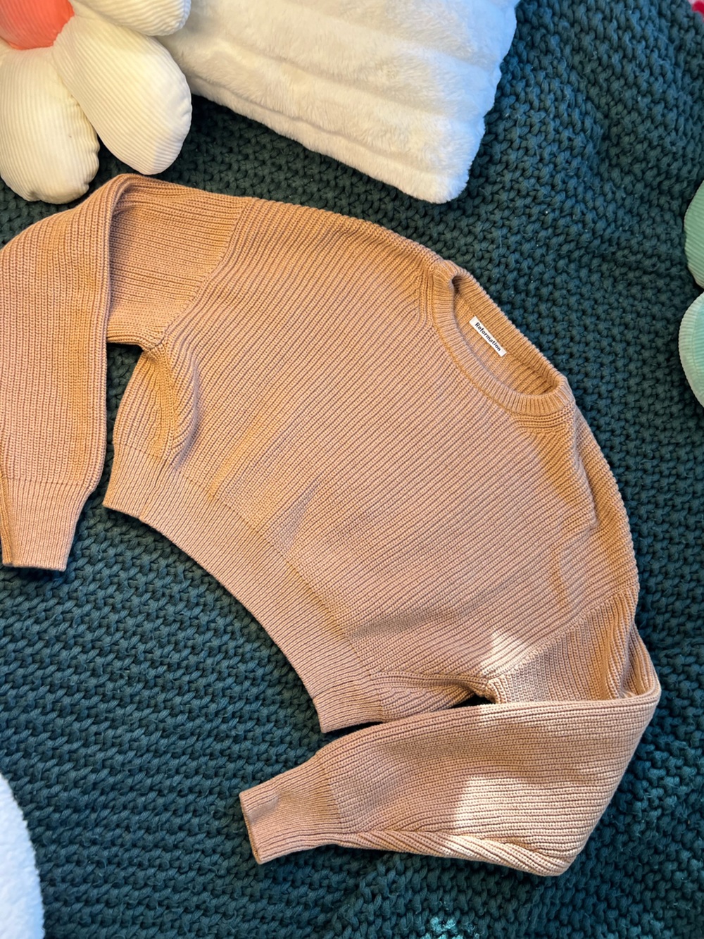 Reformation Cropped Ribbed Sweater in Warm Tan